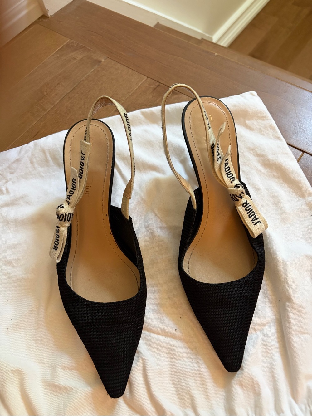 Dior Black Pointed-Toe Slingback Heels with Branded Ribbon